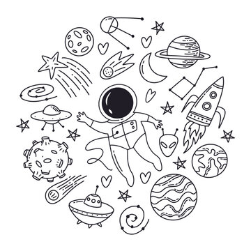 Vector circular illustration from a collection of space objects and symbols drawn by hand in the style of doodles