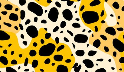 Fototapeta na wymiar Groovy Cheetah Nostalgia: Seamless Retro Animal Print in Black, Yellow, and Shapes 