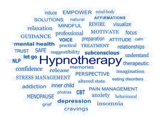 Words associated with Hypnotherapy and Hypnosis in dark blue transparent png file