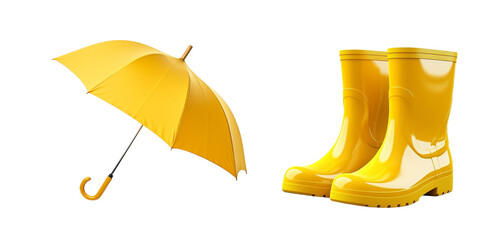 Yellow umbrella and yellow boots. PNG file with transparency. Generative Ai