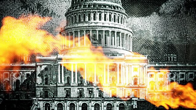 The US Capitol, portraits of Franklin and Washington with luminous eyes, a rotating pyramid with an eye on top, a jet of flame. Conspiracy theory. 4k slow motion video collage.