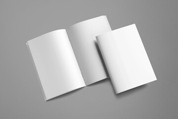 Open and closed blank Magazine / Brochure Catalog on grey background, top view. Mock up for design