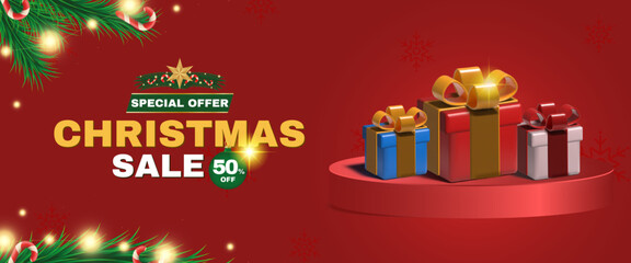 Christmas sale banner background with branch, tinsel, candy cane, sparkle lights, podium, and 3D gift box on red background. Happy New Year concept  for web banner christmas sale.