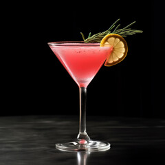 A refreshing fruit cocktail. Cosmopolitan cocktail. A refreshing drink with a pulp of red berries. Red cocktail with rosemary and lemon slice on a black background.