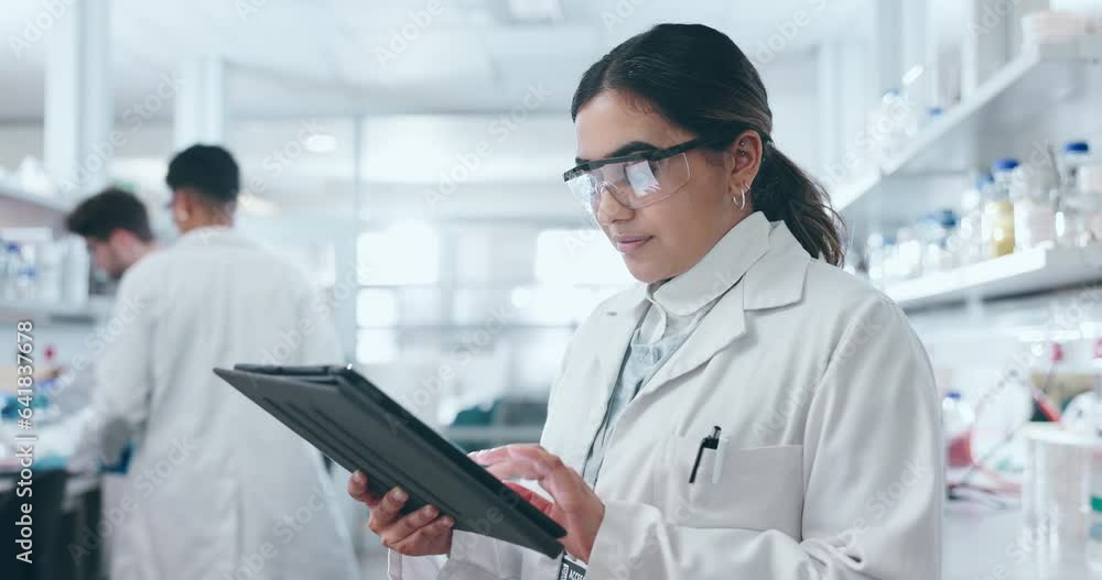 Wall mural Science, lab tablet and woman thinking in a clinic with research, online and pharmaceutical study. Female scientist, working and investigation for medical, healthcare and chemistry work for biotech