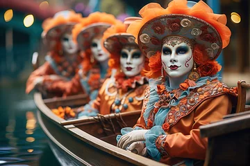Schilderijen op glas People in fancy dress and masks ride a gondola at the Venice Carnival. © ЮРИЙ ПОЗДНИКОВ