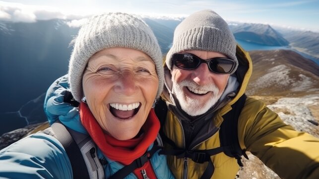 Happy smile elderly couple of hikers in the ascent to the summit taking a selfie on a mobile phone on the highlands landscape around. Generative AI