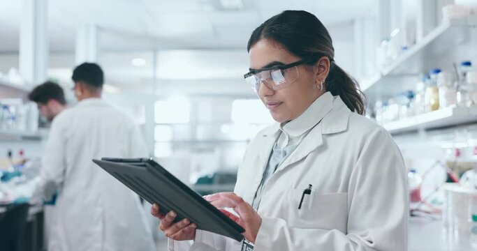 Science, lab tablet and woman thinking in a clinic with research, online and pharmaceutical study. Female scientist, working and investigation for medical, healthcare and chemistry work for biotech