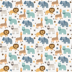Vector seamless pattern with elephant, lion, giraffe, zebra, rhinoceros.Tropical jungle cartoon creatures.Pastel animals background.Cute natural pattern for fabric, childrens clothing,wrapping paper.