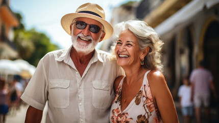 Fototapeta na wymiar An endearing image of senior couples enjoying a leisurely stroll through a picturesque town square, their smiles capturing the joy of creating lasting memories together