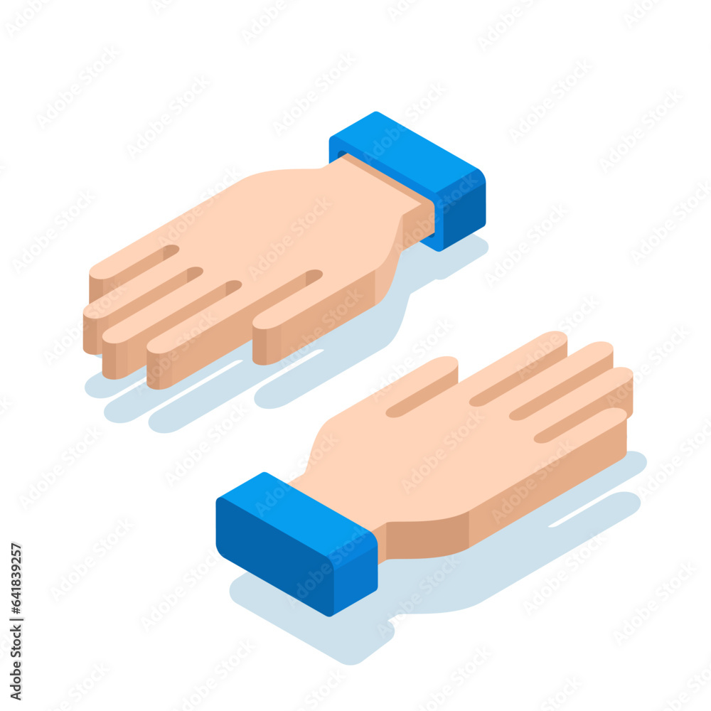 Poster isometric palms directed in different directions in color on a white background, design element, ask
