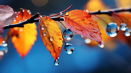 Autumn yellow orange leaves on branch with morning dew water drops on front blue sky  - obrazy, fototapety, plakaty