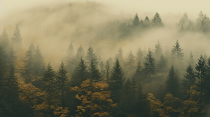 Generative AI, Misty autumn fir forest beautiful landscape in hipster vintage retro style, foggy mountains and trees.	