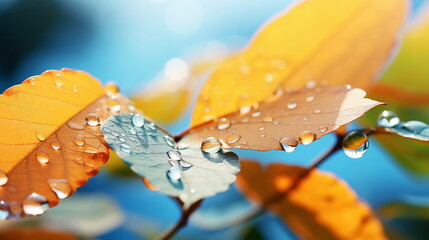 Autumn yellow orange leaves on branch with morning dew water drops on front blue sky 