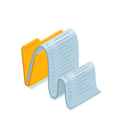 isometric folder and a sheet of paper in the form of a wave in color on a white background, document icon or work with documentation