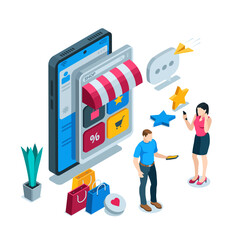 isometric woman and man with smartphones make online purchases in color on a white background, shop in the phone or purchases through the online store