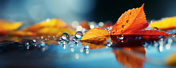 Autumn yellow orange leaves on branch with morning dew water drops on front blue sky 