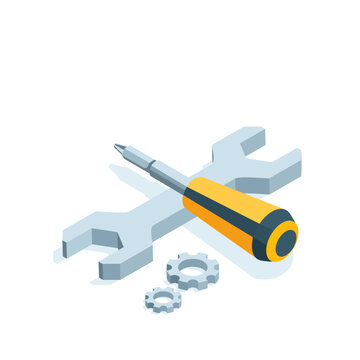 isometric screwdriver and wrench in color on a white background, repair and maintenance service or systems adjustment