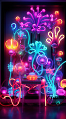 Generative ai. decoration interior bar or night club in neon blue and red lights. Party or nightlife entertainment