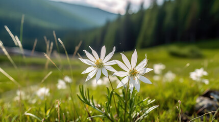 Edelweis flower, in alps mountains. - obrazy, fototapety, plakaty