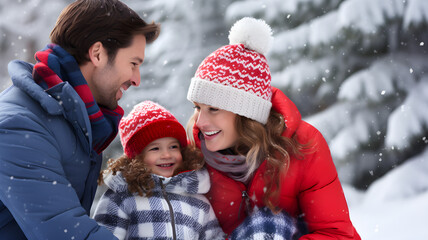 Family joy in winter's embrace. Smiles, snow, and togetherness in a snowy day, Generative AI