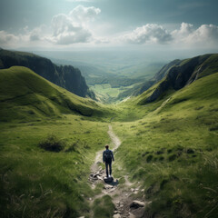Single person walking through green meadows