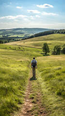 Fototapeta na wymiar Single person walking through green pastures