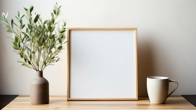 A blank picture frame with leaves on table