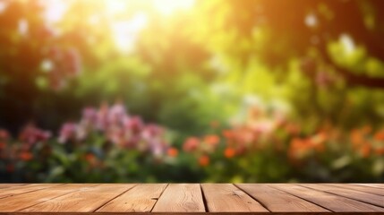 Naklejka na ściany i meble empty wooden table on a blurry flower garden background