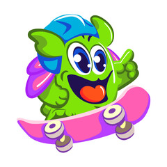 Vector mascot, cartoon and illustration of a cute fat green imaginary creature with pink bushy hair wearing a helmet playing skateboarding