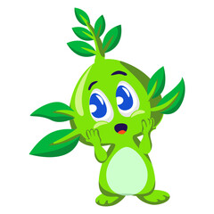 Vector mascot, cartoon and illustration of a cute imaginary creature with leafy hair standing shyly is adorable