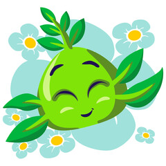 Vector mascot, cartoon and illustration of a cute imaginary creature with leaf hair on a background of light blue flower petals