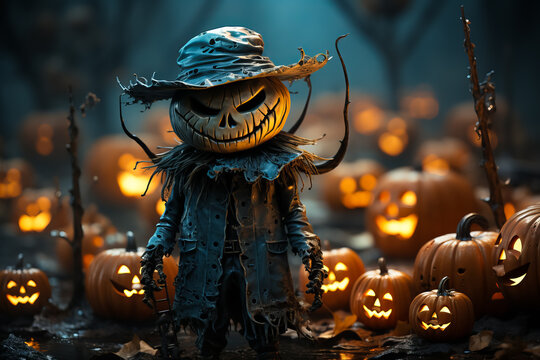 scary monster creature, Jack o lantern pumpkins and candles in scary foggy forest, Halloween concep