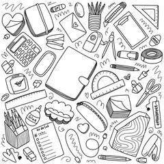 Hand drawn doodle office set. Stationery elements hand drawn vector set. Office supplies, school supplies and stationery
