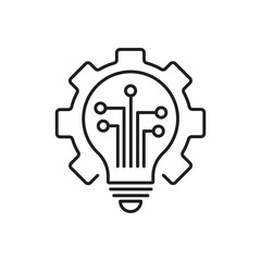 Light bulb, electronics, gear, rays. Creative solutions in electronic technologies. linear icon isolated on white background