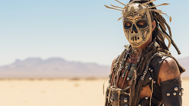 Model in a tribal mask and warrior attire, set against a desert backdrop. Carnival mask. 