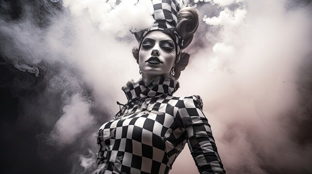 Photograph a model in a classic black and white diamond-patterned harlequin costume, amidst smoke effects. Carnival mask. 