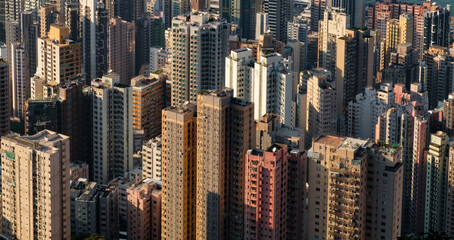 city aerial, skyscraper buildings of downtown Hong Kong -