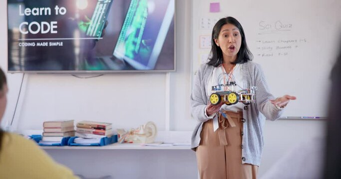 Teacher, presentation and robotics coding in classroom education, information technology or engineering lecture. Professor, people and students software learning, school computer and design workshop