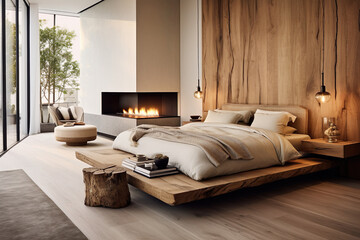 House interior backdrop, warm white bedroom with brilliant furnishings natural wooden tables, contemporary style, wood 3D render.