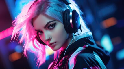 Streamer beautiful girl professional gamer playing online games computer. Generative AI