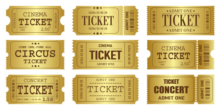 Vector set of admit one tickets template. Golden ticket for cinema,movie,circus,theatere,film,festival,casino,club,music etc. Event admission, entrance pass set .Vector illustration
