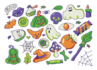 Stickerpack. Bright elements for Halloween design. Pumpkin, Skull, Ghost, Gravestone, Spider, Candy, Broom, Hat, Eye, Potion, Bone, and more. Halloween labels, icons and objects. Happy holiday. 