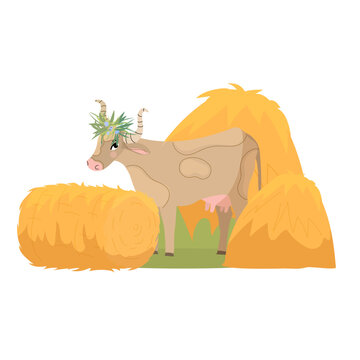 recommend clip art: Cow with haystack. Cute cow standing among hay from farm. Hay stack on white background. Vector illustration