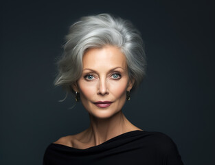 Image of an attractive elderly lady against a dim backdrop, individual aged 40, cosmetic enhancements.