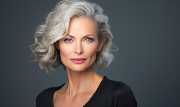 Image of an attractive elderly lady against a dim backdrop, individual aged 40, cosmetic enhancements.