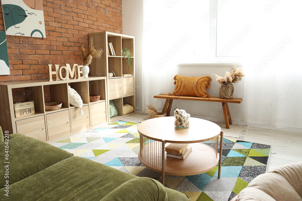 Sticker Interior of living room with wooden bench and shelving unit