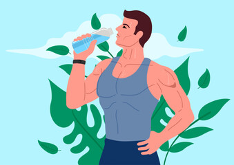 Illustration of an attractive young man drinking water after a workout. Refresh and rejuvenate, fitness, wellness, self-care, healthy habits, active lifestyle, and the importance of staying hydrated