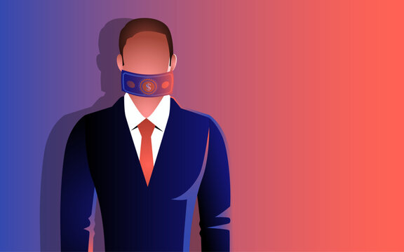 Businessman mouth covered by a money bills, symbolising the bribery and ethical dilemmas. Depiction of financial gains, moral integrity, business ethics, and corruption