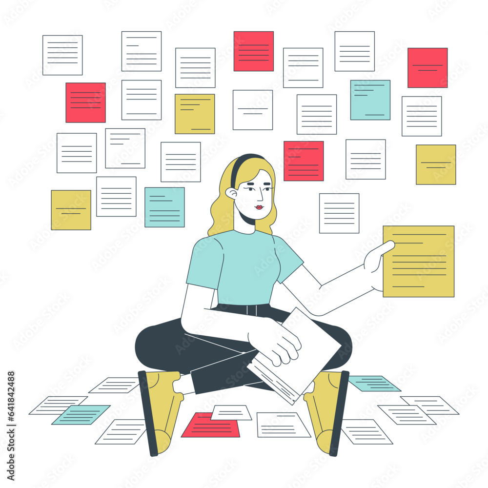 Poster woman taking notes flat line concept vector spot illustration. remember everything. worker 2d cartoo